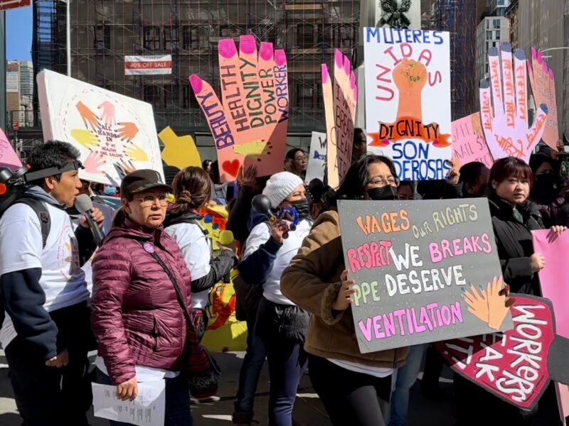 Nail Salon Workers marching towards Union Square Park, NYC on 29 March, 2023. Protestors, including a former nail salon worker Bianca Vidal, stop at Madison Square Park to chant. Credit: Natalie Novakova.