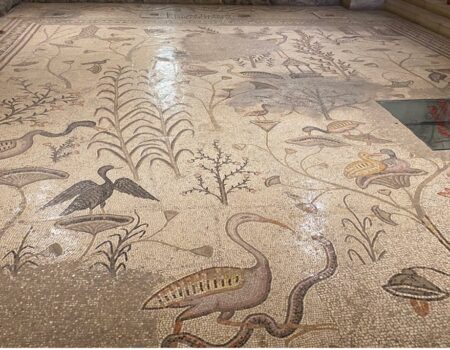 The mosaic floor at the Church of the Multiplication of Loaves & Fishes in Northern Israel. Far-Right Jewish extremists vandalized and committed arson at the church in 2015. (Credit: Greg Dobak)