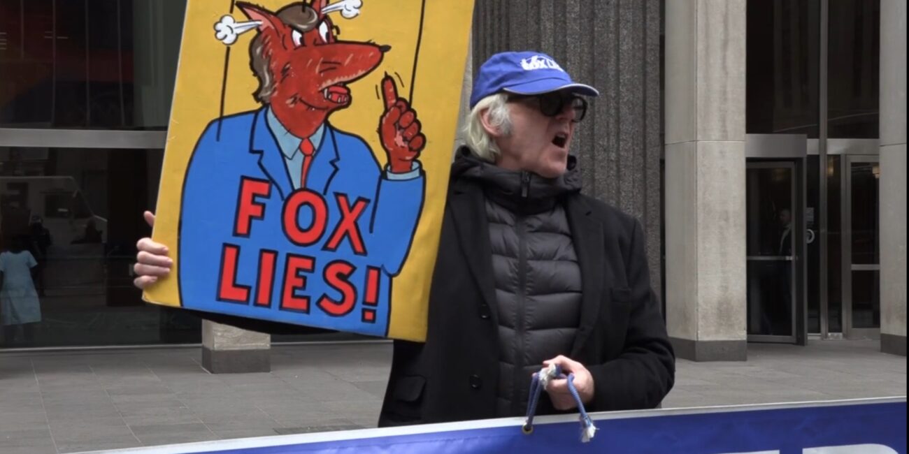 Protestors demonstrate outside of Fox News headquarters every Tuesday.