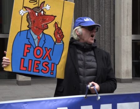 Protestors demonstrate outside of Fox News headquarters every Tuesday.