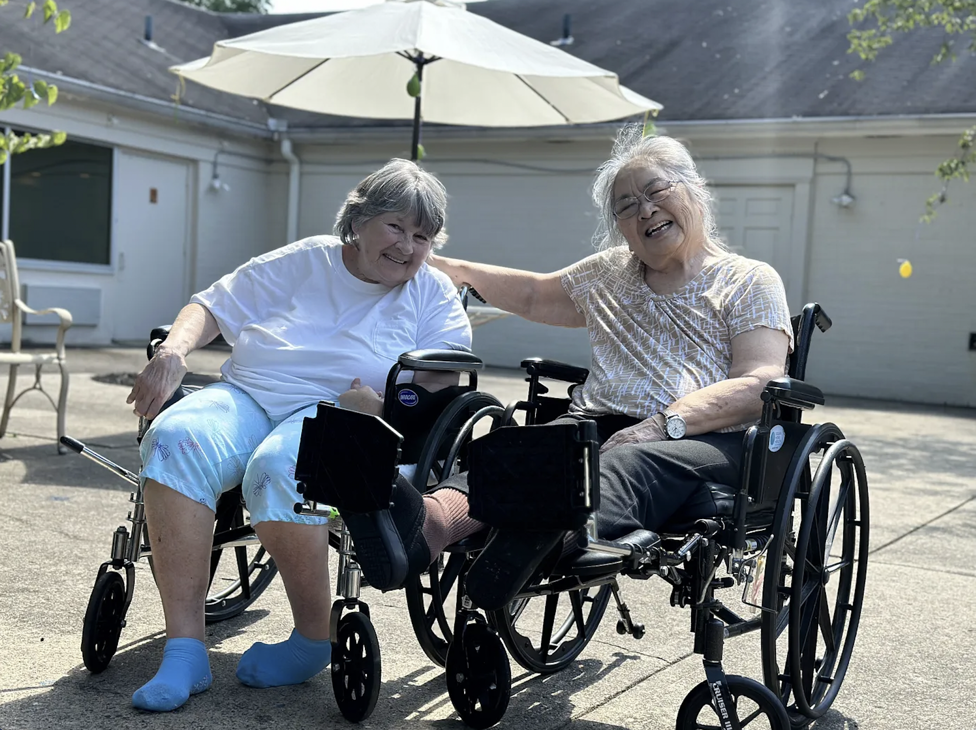 Nora Mikalson, left, and Florence Edwards at their new nursing home in Lawrenceville, N.J. (Credit: Oishika Neogi_