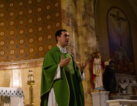 Fr. Luigi Portarulo during the Sunday Mass's homily at Our Lady of Pompeii Church. (Credit Ella Napack)