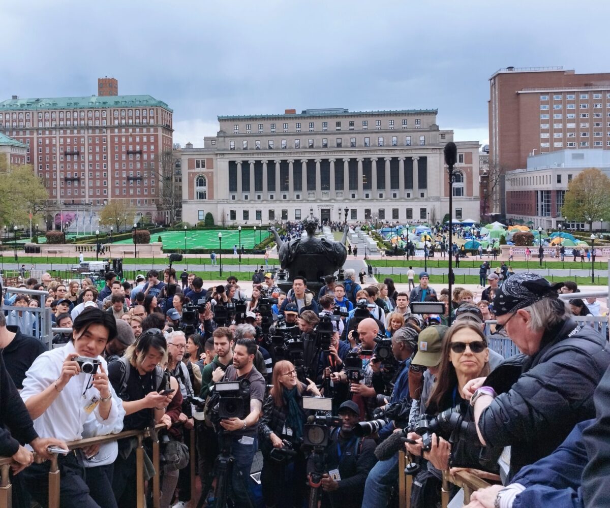 House Speaker Mike Johnson spoke before a horde of reporters and students on the steps of the Low Library at Columbia University. (Credit: Francesca Maria Lorenzini)