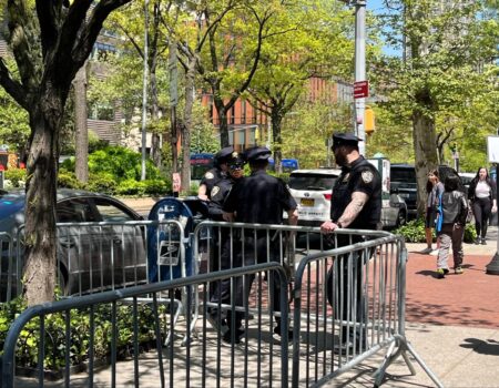 NYPD officers at Columbia gate on May 1. (Credit: Thomas Li)