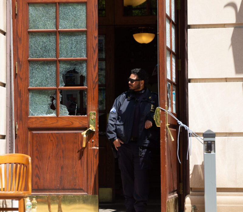 Image taken on May 1, 2024 a day after police raided the protests at Columbia University a public safety officer stands in the doorway of Hamilton Hall. (Credit: Indy Scholtens)