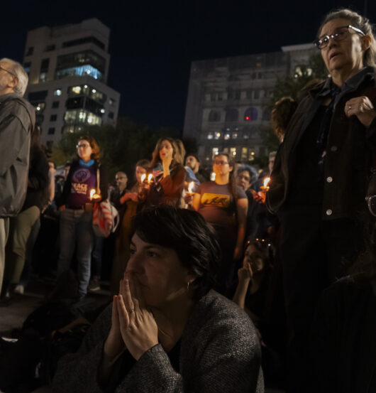 Tears stream down the faces of Israelis, Palestinians, Jews and other New Yorkers as they gather on Monday, October 7, 2024 at Union Square Park to participate in a candlelight vigil organized by Israelis For Peace NYC. (Credit: Nichole Whiteley)