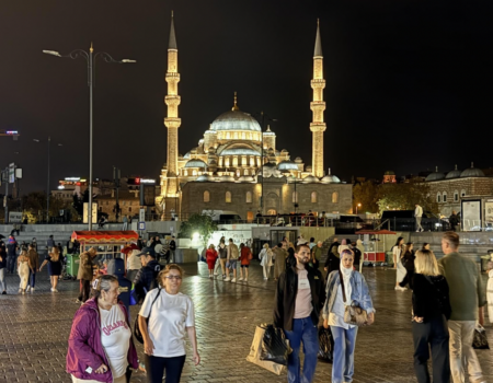 Locals and tourists gathered near Istanbul's Blue Mosque at night. (Credit: Cindy Shan)