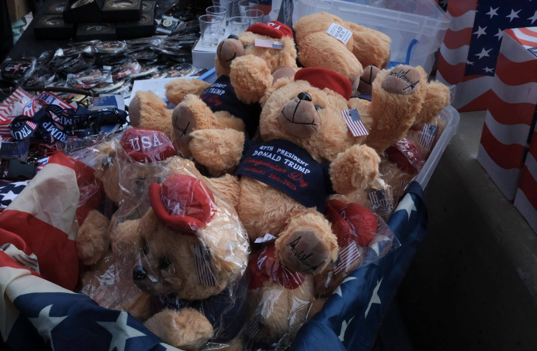 Teddy bears with Trump t-shirts on a stand in Washington. Jan. 20, 2025. (Credit: Alice Finno) 