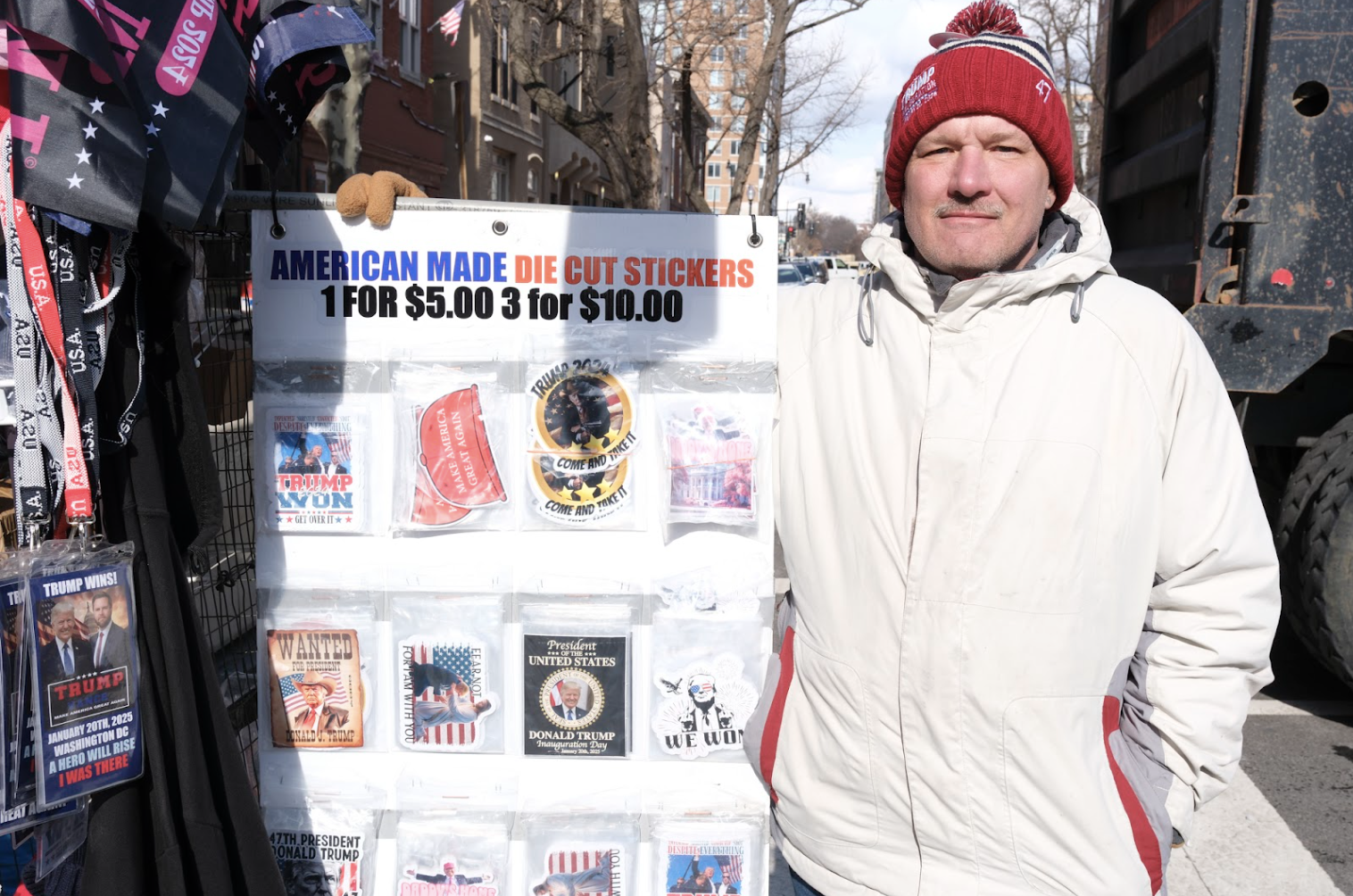 "I'll sell anything if it sells,” said a street vendor who sold merchandise on Donald Trump's Inauguration Day in Washington. Jan. 20, 2025. (Credit: Alice Finno)