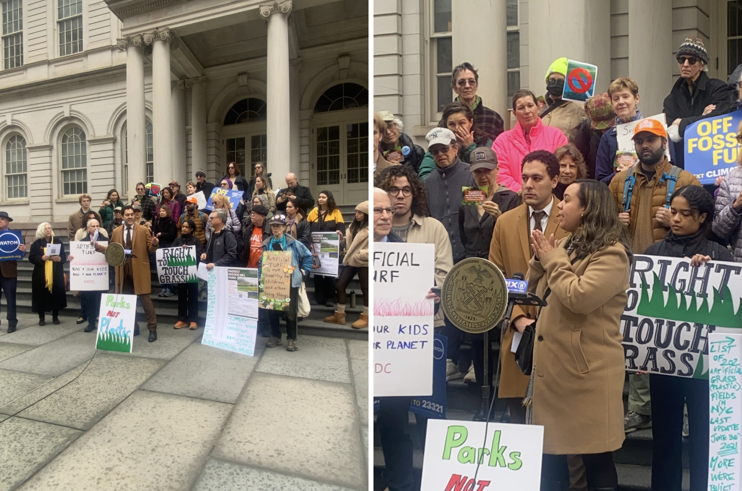 Left: Environmental groups rally at the NYC City Hall on Feb. 27 in support of a new bill that would ban synthetic turf in NYC Parks. Right: Councilmember Carmen De La Rosa speaks. (Credit: Rashi Mishra)