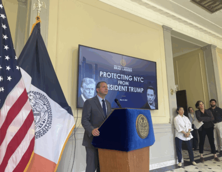 New York City Comptroller Brad Lander leading a briefing on May 8. (Credit: Ana Castelain)