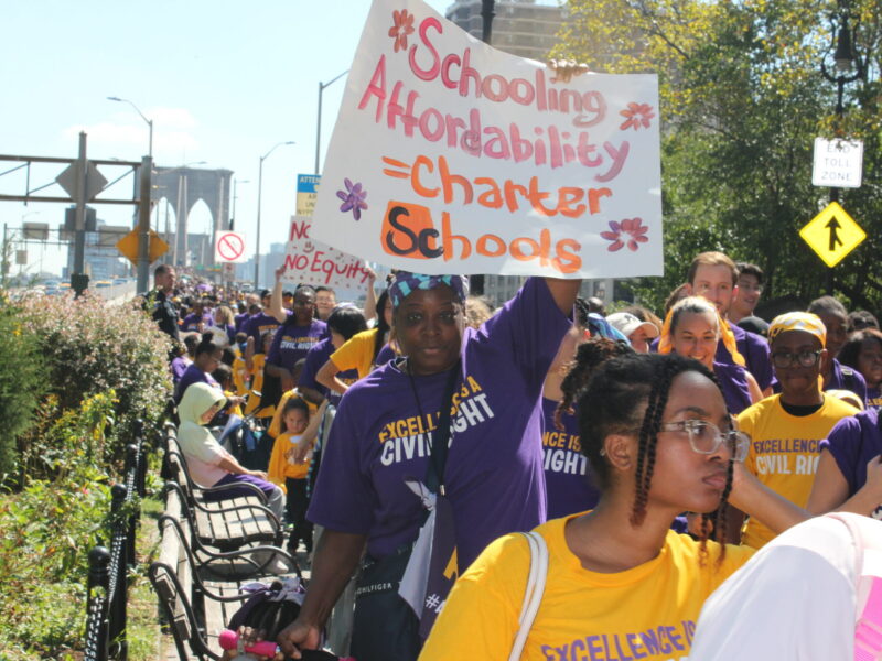 Pro-charter supporters march across the Brooklyn Bridge at a rally on Sept. 18. (Credit: Julie Lee)