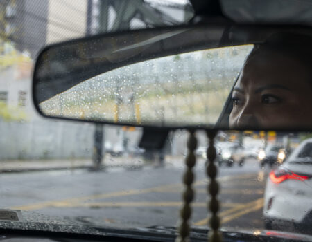 Uber driver Dinara Zhanpeissova drives through Queens, NY on Sep. 25, 2025. (Credit: Victor Heller)