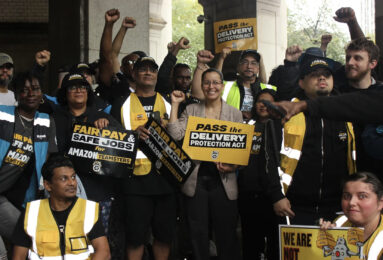 Queens Council Member Tiffany Cabán standing with Amazon Teamsters at the Delivery Protection Act announcement. (Credit: Katlyn Ma)