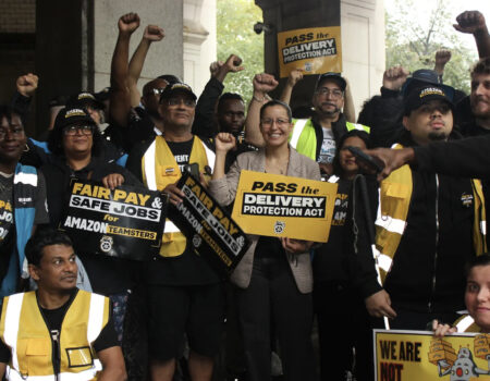 Queens Council Member Tiffany Cabán standing with Amazon Teamsters at the Delivery Protection Act announcement. (Credit: Katlyn Ma)