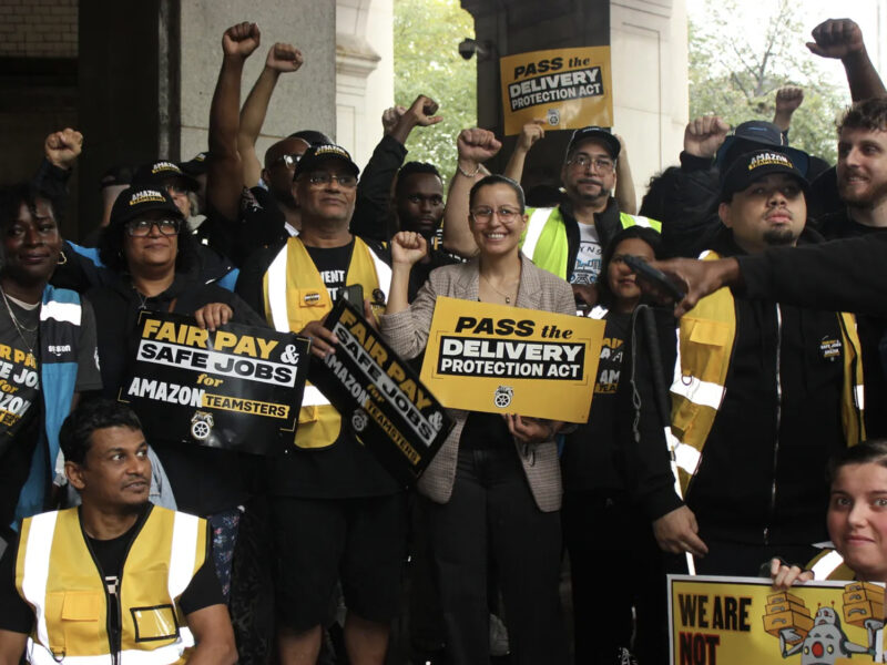 Queens Council Member Tiffany Cabán standing with Amazon Teamsters at the Delivery Protection Act announcement. (Credit: Katlyn Ma)