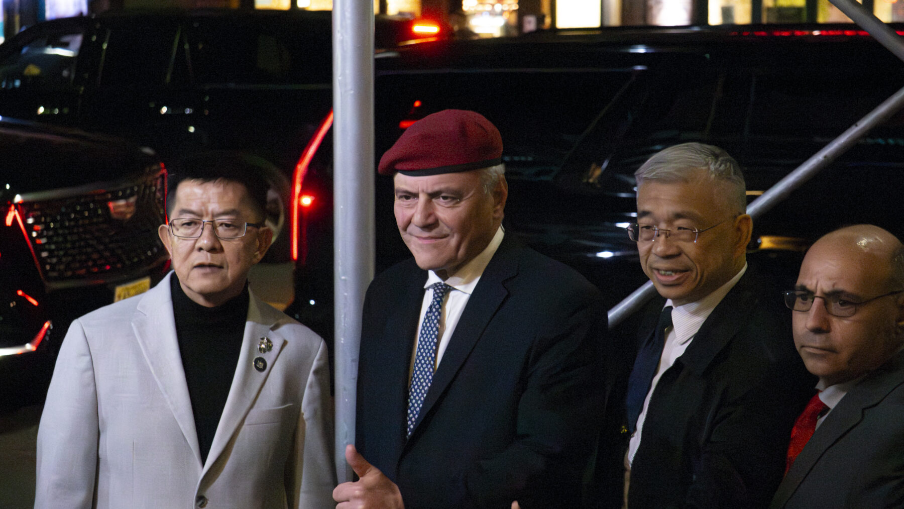 Mayoral candidate Curtis Sliwa and State Sen. Stephen T. Chan (R‑17) visit the polling site at St. Dominic R. C. Church in Brooklyn, New York on Election Day, Tuesday, November 4, 2025. (Credit: Rachel Zhong)