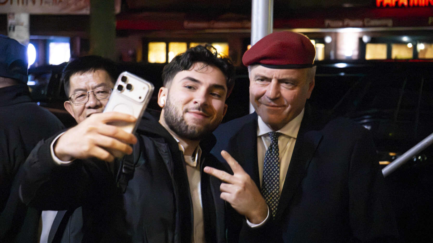 Mayoral candidate Curtis Sliwa takes photo with voter outside of the polling site at St. Dominic R. C. Church in Brooklyn, New York on Election Day, Tuesday, November 4, 2025. (Credit: Rachel Zhong)