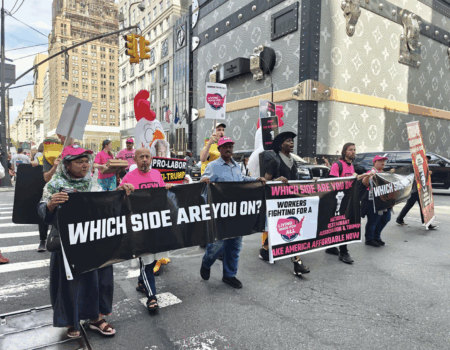 Mohtar Ali, third from left, with fellow vendors at a protest at Trump Tower Sept. 1 (Credit: Shivangi Sen)