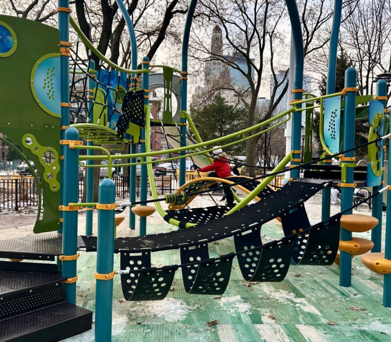 A child plays on Cuyler Gore's new jungle gym. (Credit: Lauren Gabrielle Harris)