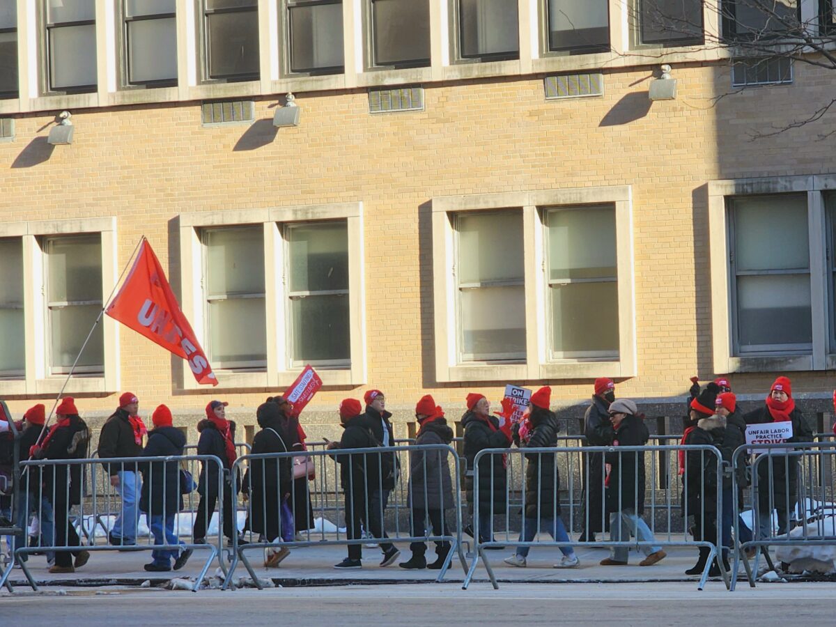 A group of nurses chants “Sinai, Sinai, you can’t hide,” in front of Mt. Sinai Hospital Morningside, on Feb. 4, 2026. (Credit: Jiwon Lee)