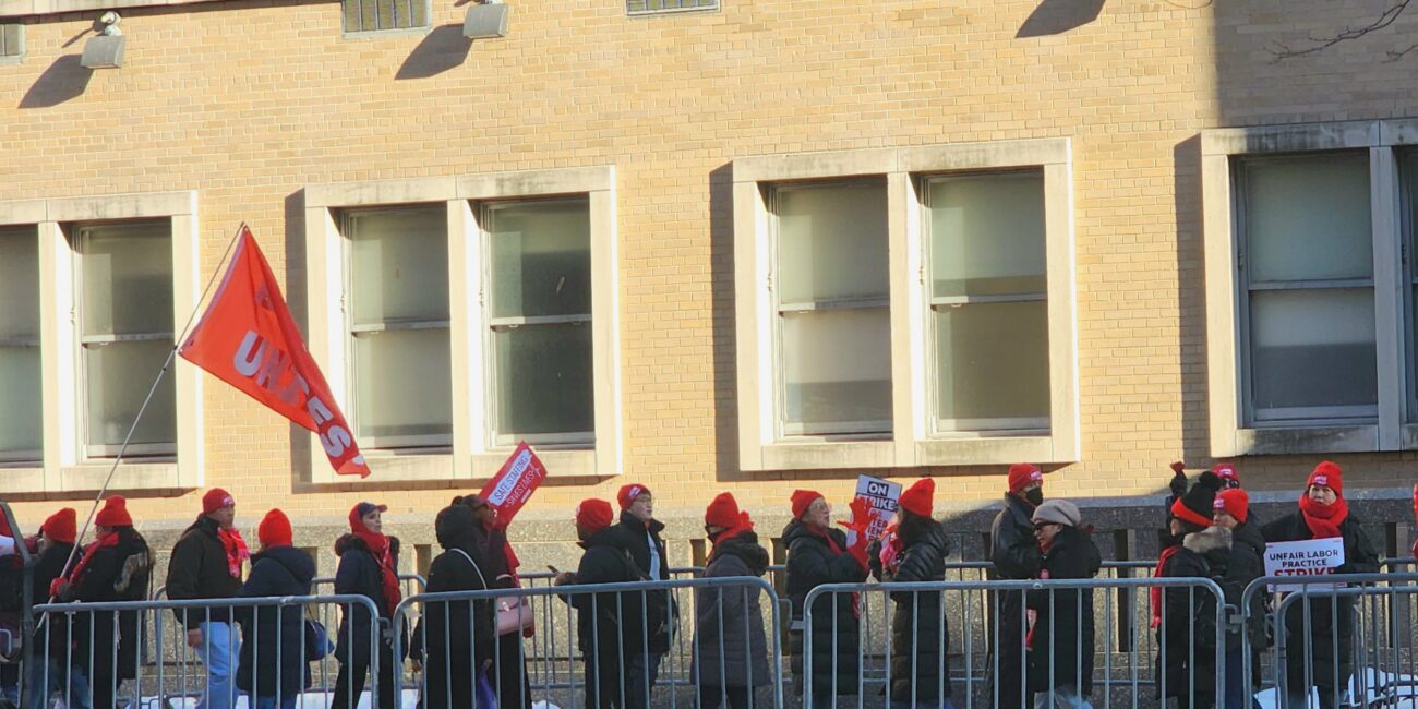A group of nurses chants “Sinai, Sinai, you can’t hide,” in front of Mt. Sinai Hospital Morningside, on Feb. 4, 2026. (Credit: Jiwon Lee)