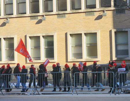 A group of nurses chants “Sinai, Sinai, you can’t hide,” in front of Mt. Sinai Hospital Morningside, on Feb. 4, 2026. (Credit: Jiwon Lee)
