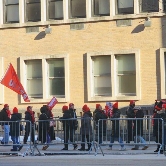 A group of nurses chants “Sinai, Sinai, you can’t hide,” in front of Mt. Sinai Hospital Morningside, on Feb. 4, 2026. (Credit: Jiwon Lee)