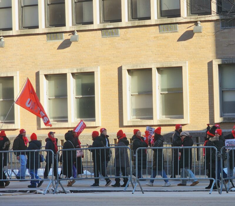 A group of nurses chants “Sinai, Sinai, you can’t hide,” in front of Mt. Sinai Hospital Morningside, on Feb. 4, 2026. (Credit: Jiwon Lee)