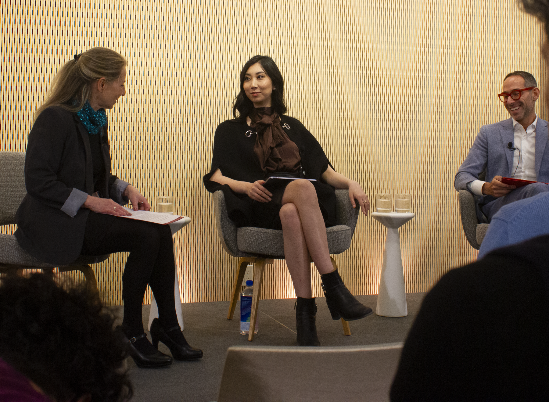 Hastings Center President and CEO, Vardit Ravitsky (left), presides over a debate between biotech entrepreneur Cathy Tie (middle), and Harvard law professor I. Glenn Cohen (right) on the future of gene editing. (Credit: Sophia Ramirez)