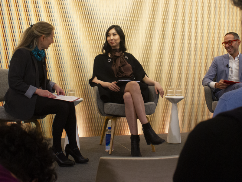Hastings Center President and CEO, Vardit Ravitsky (left), presides over a debate between biotech entrepreneur Cathy Tie (middle), and Harvard law professor I. Glenn Cohen (right) on the future of gene editing. (Credit: Sophia Ramirez)
