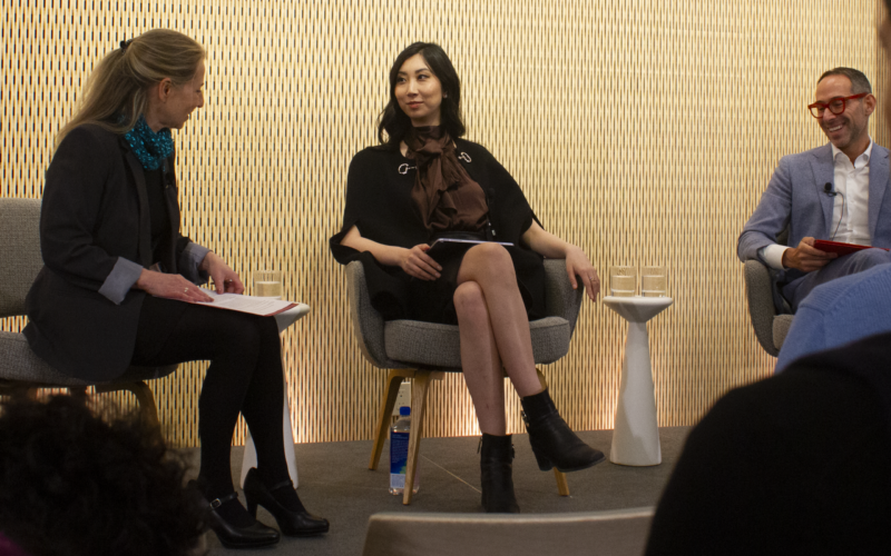 Hastings Center President and CEO, Vardit Ravitsky (left), presides over a debate between biotech entrepreneur Cathy Tie (middle), and Harvard law professor I. Glenn Cohen (right) on the future of gene editing. (Credit: Sophia Ramirez)