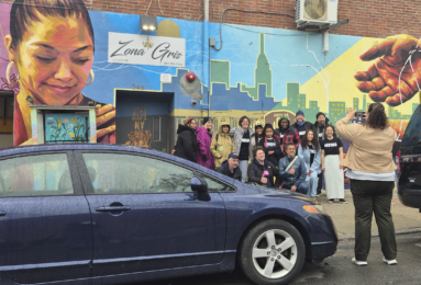 Volunteers from Mixteca Organization, Inc., and Brooklyn Org pose for a photo in Sunset Park after their weekly market offering free produce to Brooklyn's Latino community. (Credit: Sophia Ramirez)