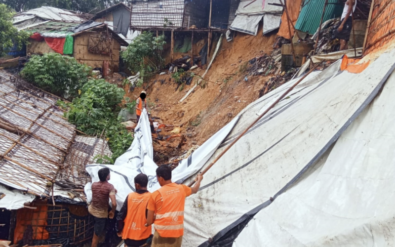 Refugee shelters being built on a hilly slope. (Courtesy image: Nazifa Rafa)