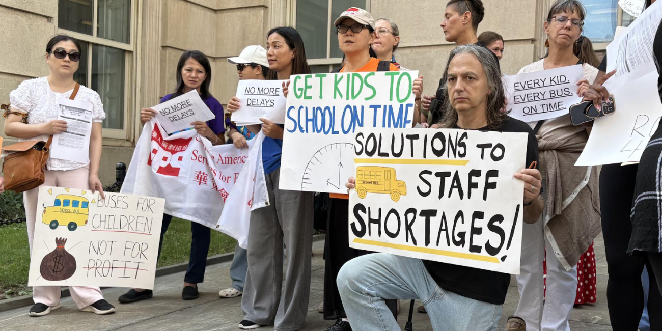 Three dozen parents and advocates call for better school transportation outside Tweed Courthouse on Thursday, Sept. 17. (Credit: Theo Scheer)