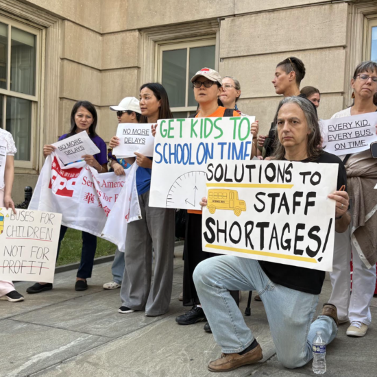 Three dozen parents and advocates call for better school transportation outside Tweed Courthouse on Thursday, Sept. 17. (Credit: Theo Scheer)