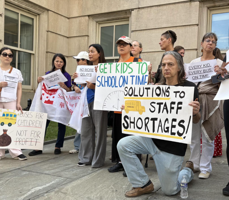 Three dozen parents and advocates call for better school transportation outside Tweed Courthouse on Thursday, Sept. 17. (Credit: Theo Scheer)