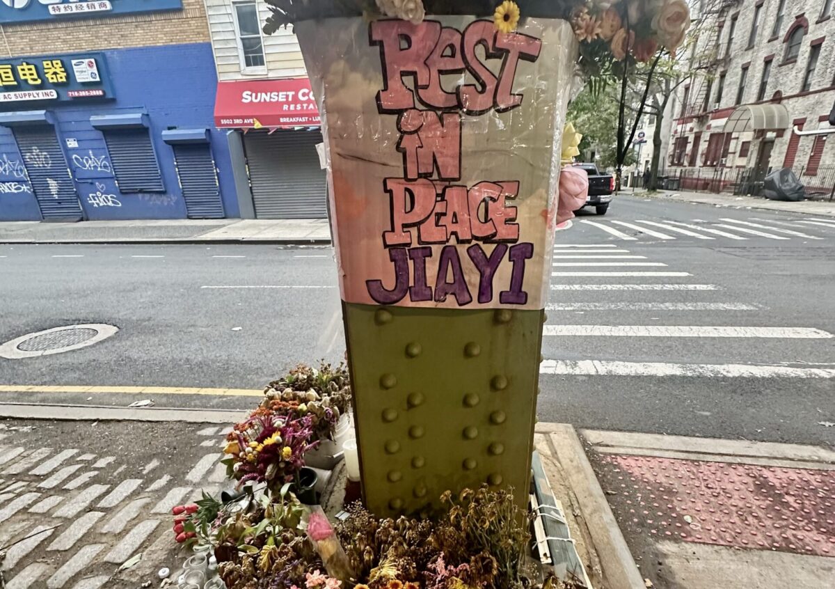Wilting flowers gather for hit and run victim, 28 year old Jiayi Zheng, a nurse at NYU Langone Brooklyn. (Credit: Thisanka Siripala)