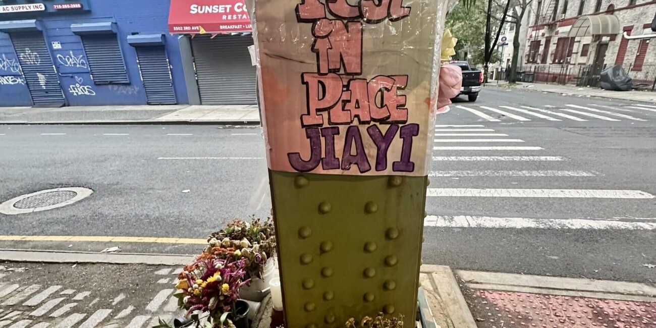 Wilting flowers gather for hit and run victim, 28 year old Jiayi Zheng, a nurse at NYU Langone Brooklyn. (Credit: Thisanka Siripala)