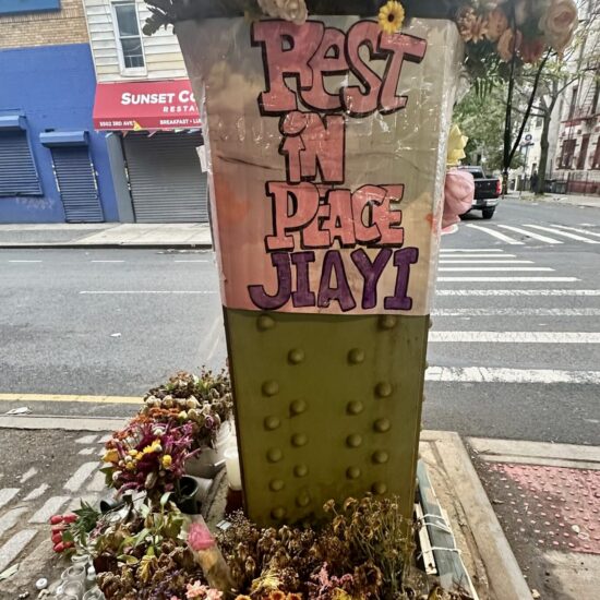 Wilting flowers gather for hit and run victim, 28 year old Jiayi Zheng, a nurse at NYU Langone Brooklyn. (Credit: Thisanka Siripala)