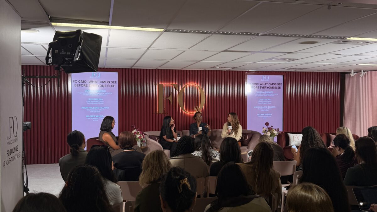 Brand chief marketing officers speak during a panel discussion at The Female Quotient Lounge during Advertising Week New York 2026. (Credit: Lucy Wu)