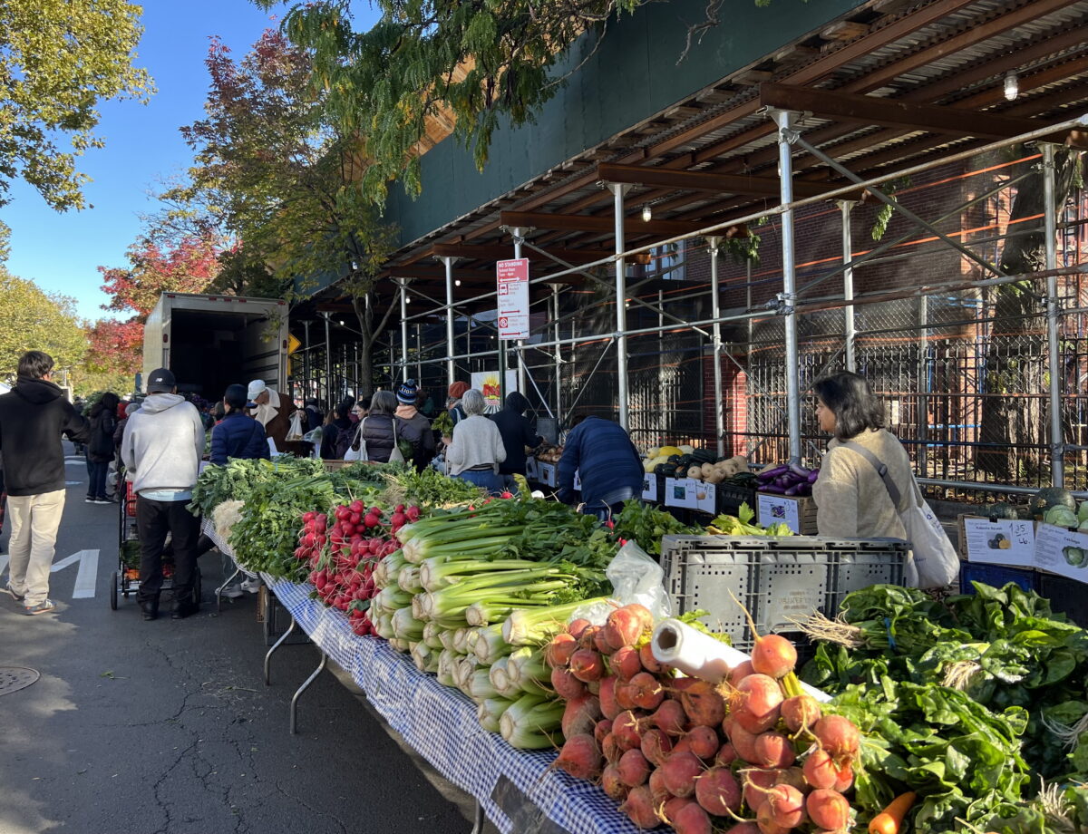 The Jackson Heights Greenmarket, organized by Grow NYC, takes place every Sunday. New Yorkers can use benefits, such as SNAP and WIC, to purchase eligible grocery items. (Credit: Whitney Lynn)