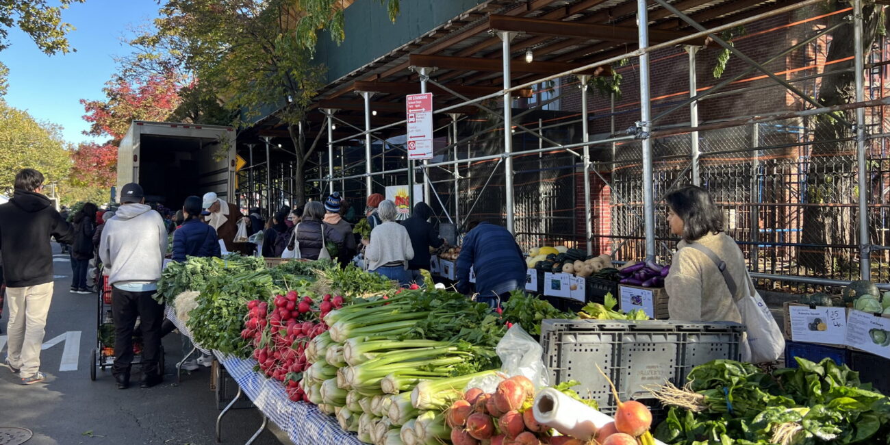 The Jackson Heights Greenmarket, organized by Grow NYC, takes place every Sunday. New Yorkers can use benefits, such as SNAP and WIC, to purchase eligible grocery items. (Credit: Whitney Lynn)