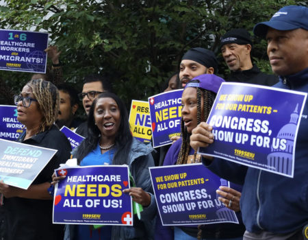 1199SEIU members rally outside of Lenox Hill Hospital in support of immigrant healthcare workers on Sept. 24. (Credit: Mika Travis)