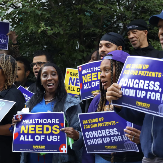 1199SEIU members rally outside of Lenox Hill Hospital in support of immigrant healthcare workers on Sept. 24. (Credit: Mika Travis)