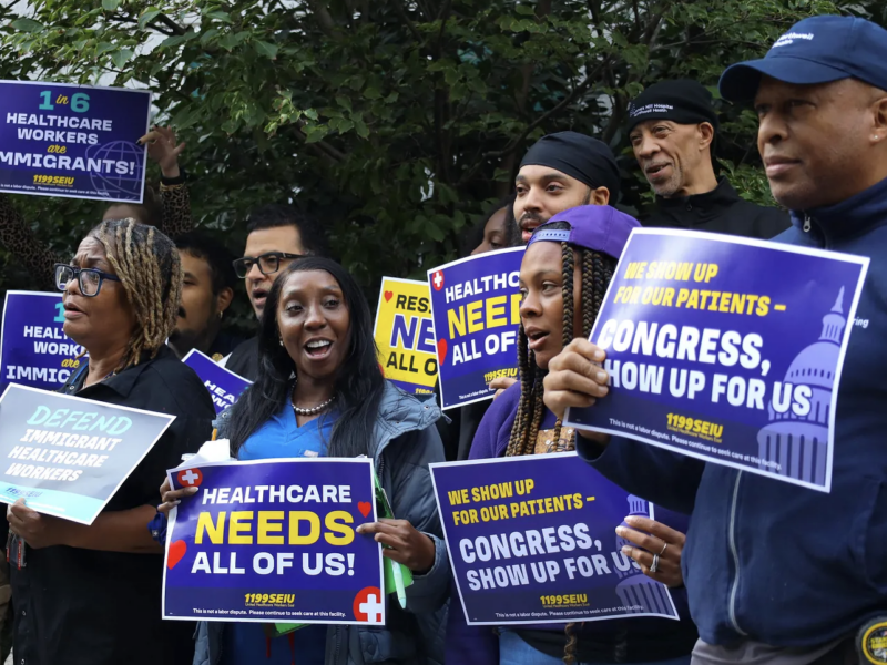 1199SEIU members rally outside of Lenox Hill Hospital in support of immigrant healthcare workers on Sept. 24. (Credit: Mika Travis)