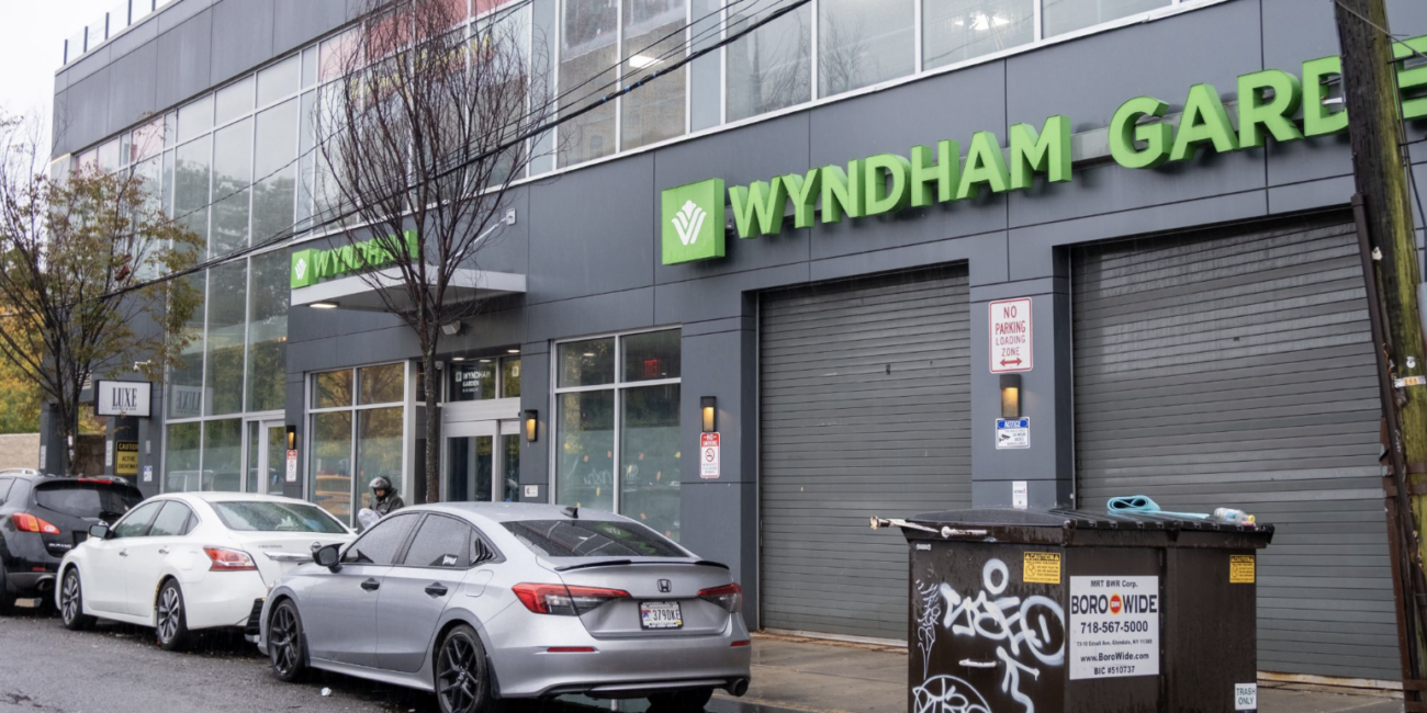 Wyndham Garden homeless shelter’s facade. (Credit: Francesca Di Muro)