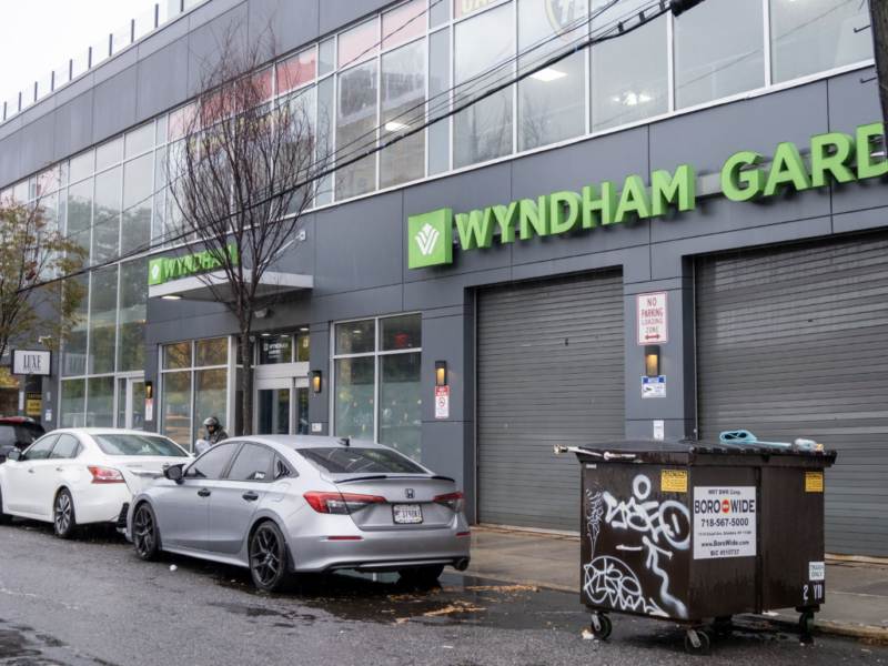 Wyndham Garden homeless shelter’s facade. (Credit: Francesca Di Muro)