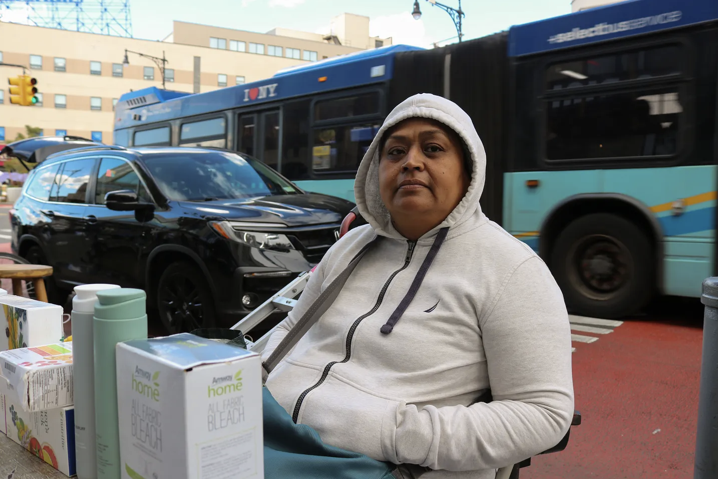 Macrina Navarrete on Oct. 8, 2026, in the Bronx. Navarrete sells Amway products, including vitamins and toothpaste. (Credit: Nicole Williams Quezada)
